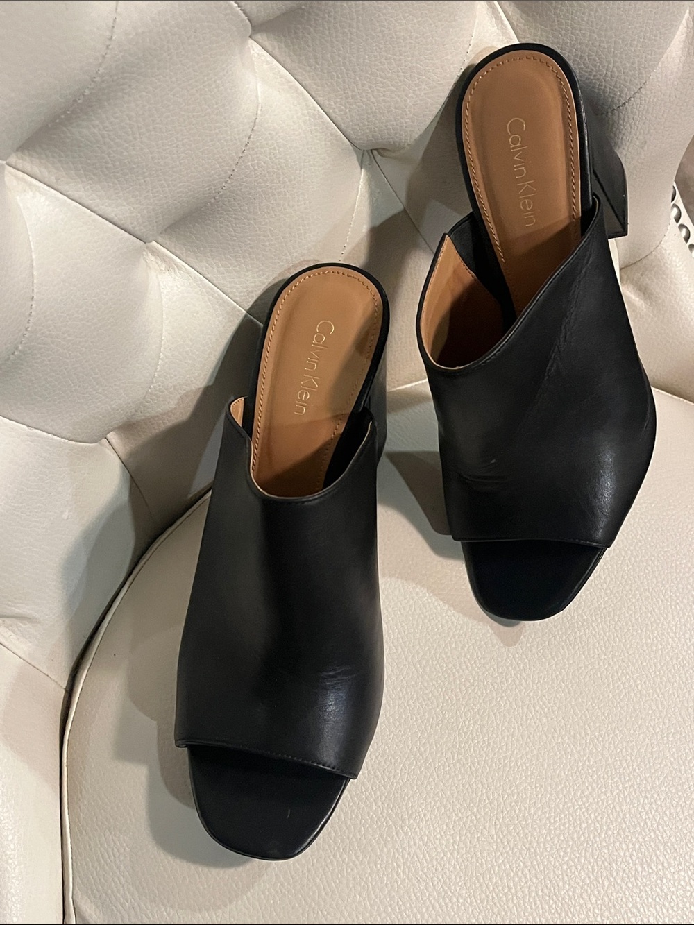 Calvin Klein Black Leather Open-Peep Block Heel Mules - Picture 3 of 14
